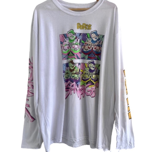 Popeye Savage Graphic T-Shirt White Long Sleeve - Picture 1 of 4